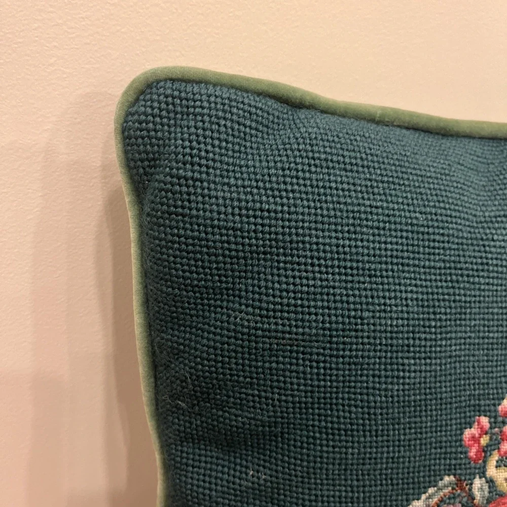 Handmade Needlepoint Square Pillow Fruit Green Background Velvet Zipper Back 14